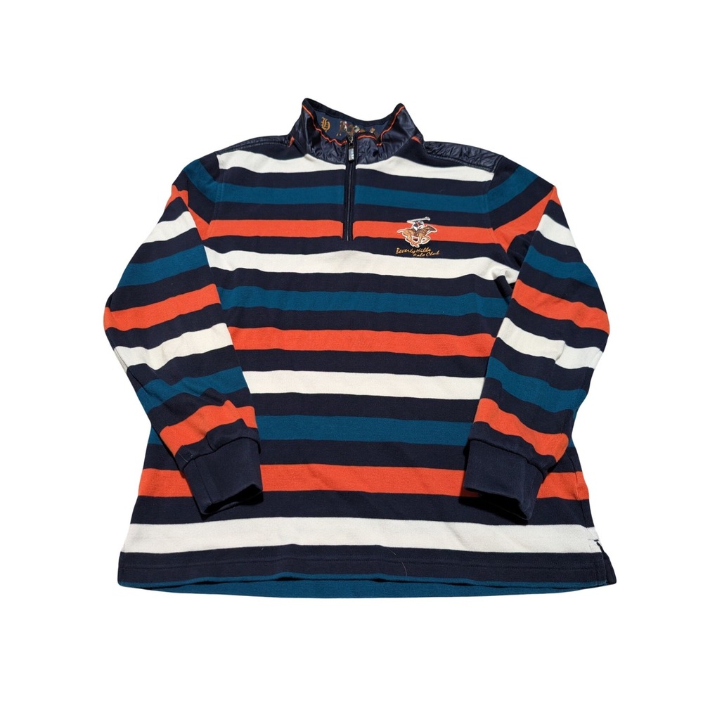 Beverly Hills Polo Club Men Stripe 1/4 Zip Rugby Pullover Navy Orange M Big Pony